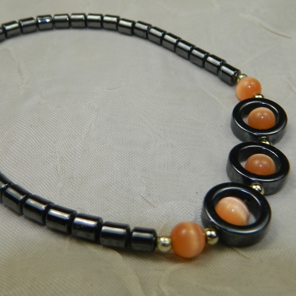 Mens Orange Cat Eye Hematite 9.5"  bracelet W Brass Screw Clasp Surfer Beach - Picture 1 of 4